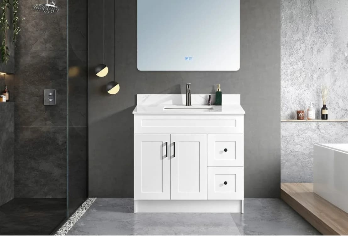 36" White Bathroom Vanity (Right Drawer)